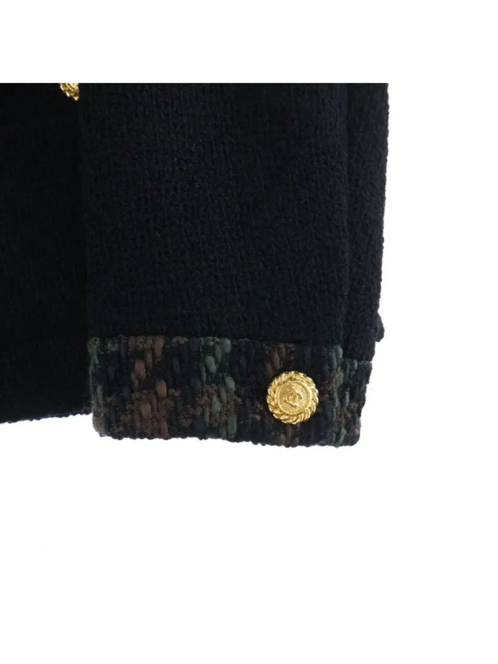 Chanel Coco Button Wool Tweed Set Vintage Collarless Jacket 38 Black Green Brown